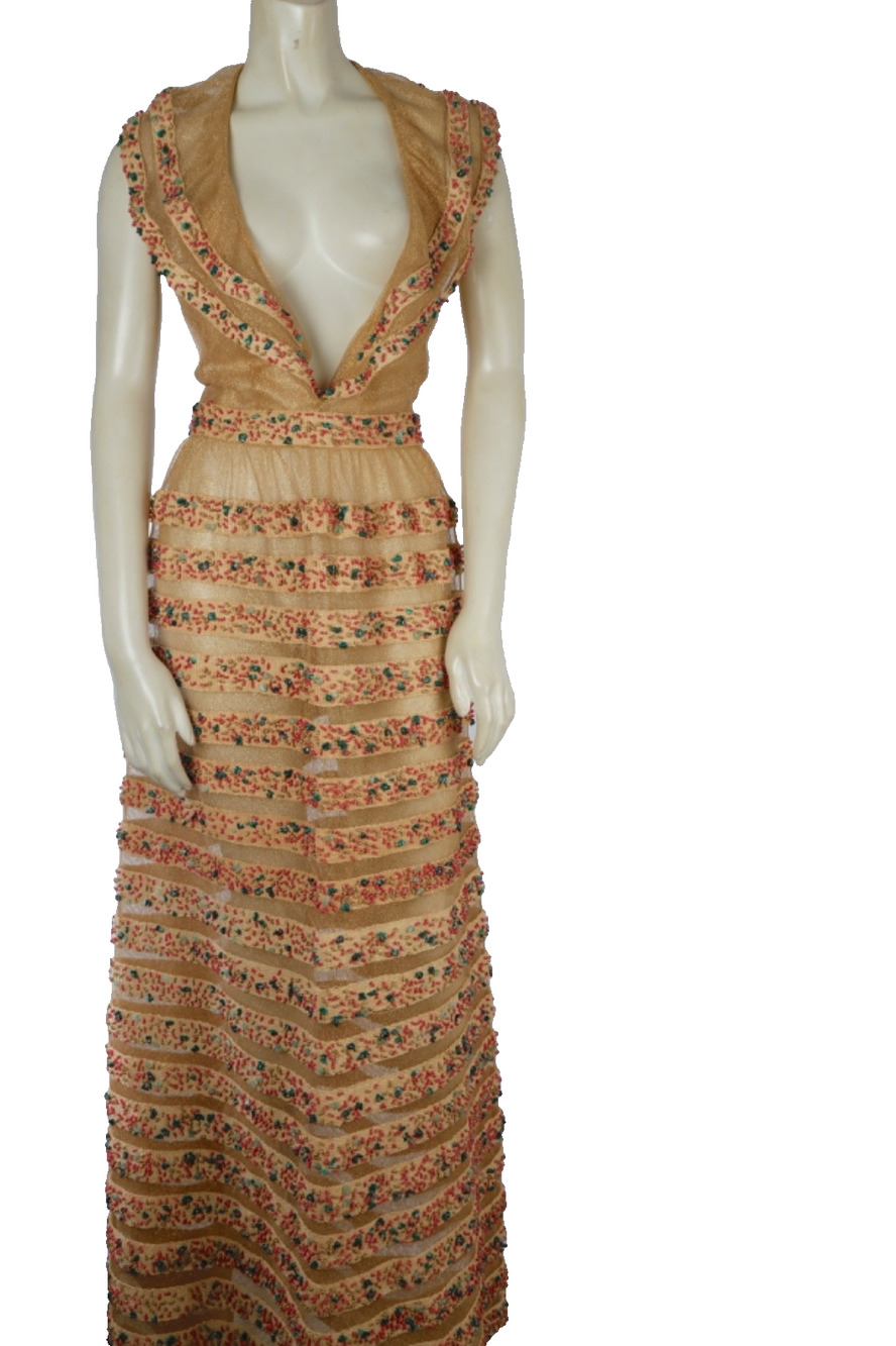 VTG One of a Kind Couture Maxi Gown Beaded V Embroidered Tulle Dress S Designer
